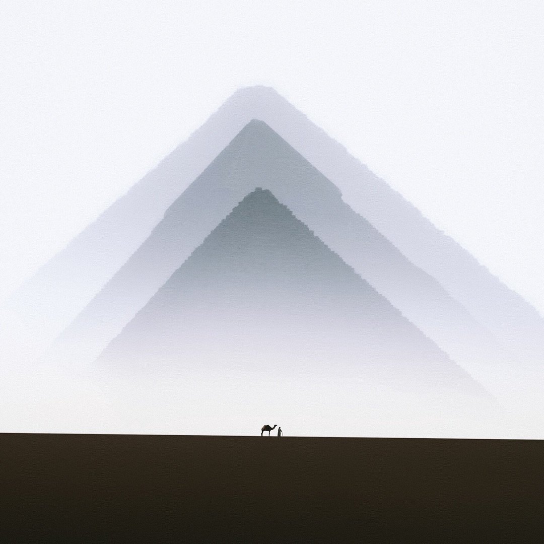 the Pyramids of Giza, shrouded in mist