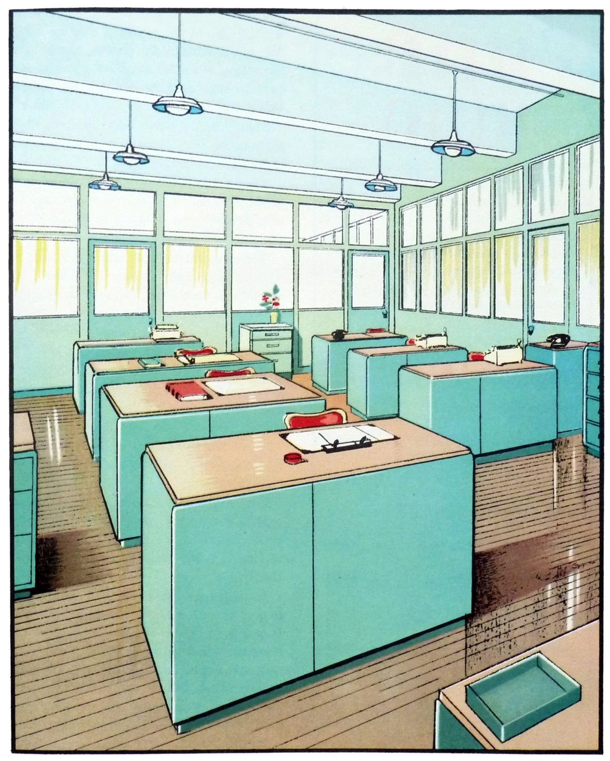 An illustration of a tidy classroom with aqua-colored desks, each with a red chair and an open book, lit by natural light from large windows and overhead lights.