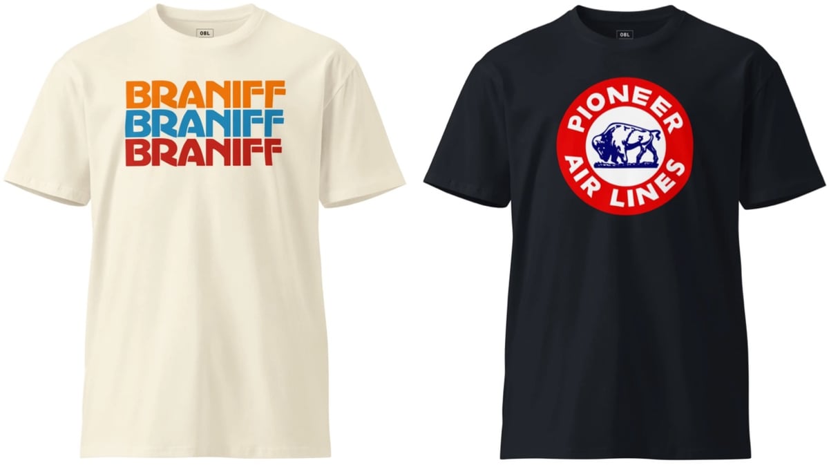 two tshirts, one with BRANIFF repeated three times and the other with PIONEER AIR LINES in a circle around a buffalo