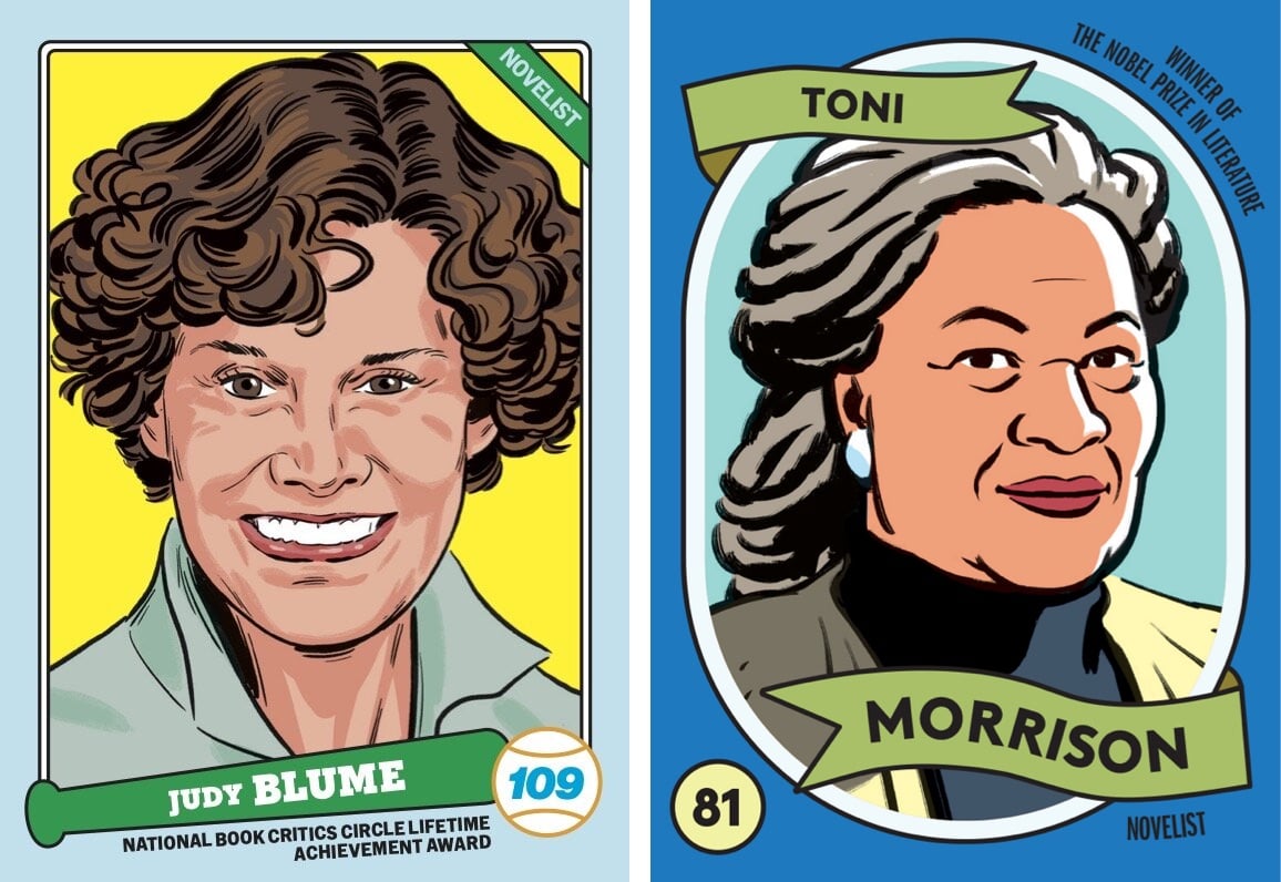 baseball card-style cards of Judy Blume and Toni Morrison