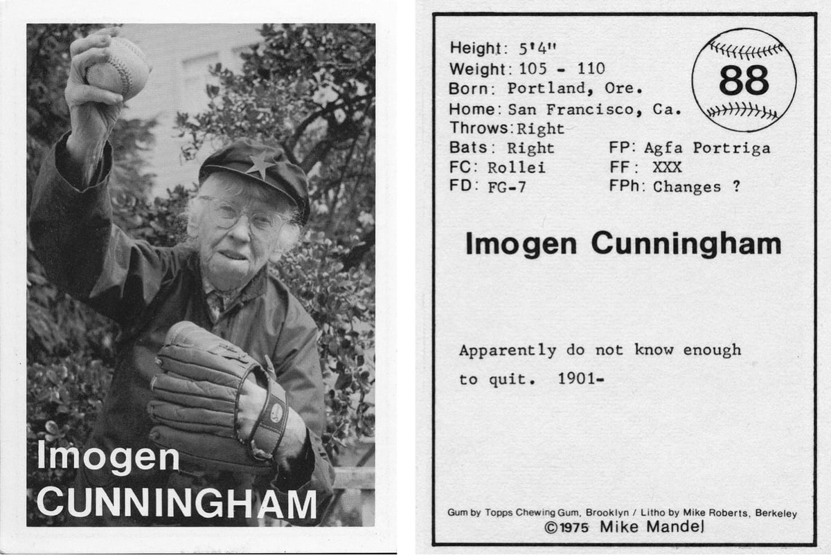 the front and back of a black and white trading card featuring Imogen Cunningham dressed as a baseball player