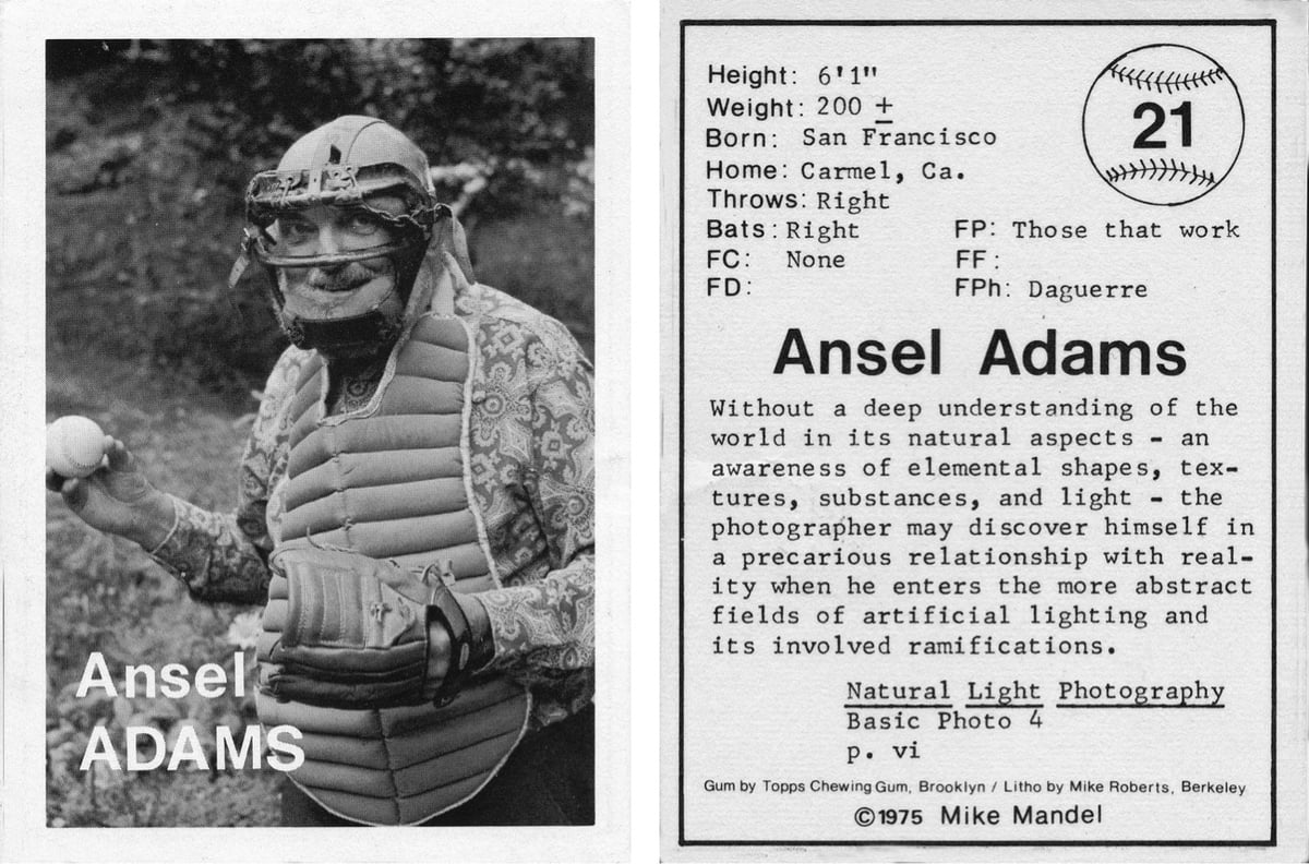 the front and back of a black and white trading card featuring Ansel Adams dressed as a baseball player