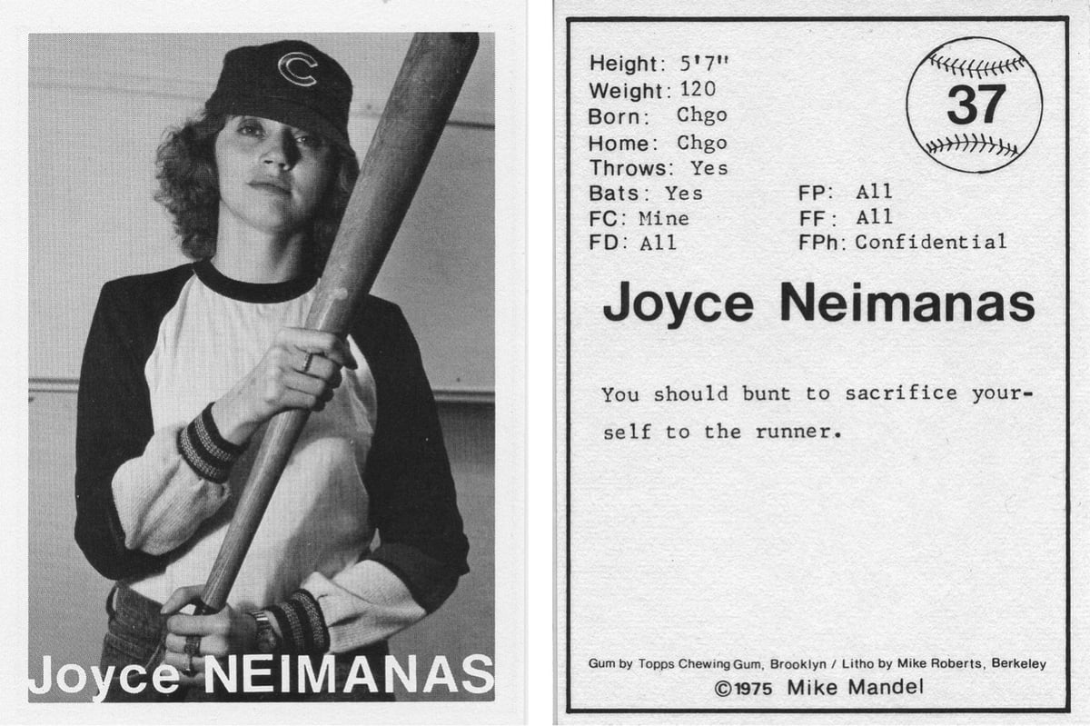 the front and back of a black and white trading card featuring Joyce Neimanas dressed as a baseball player