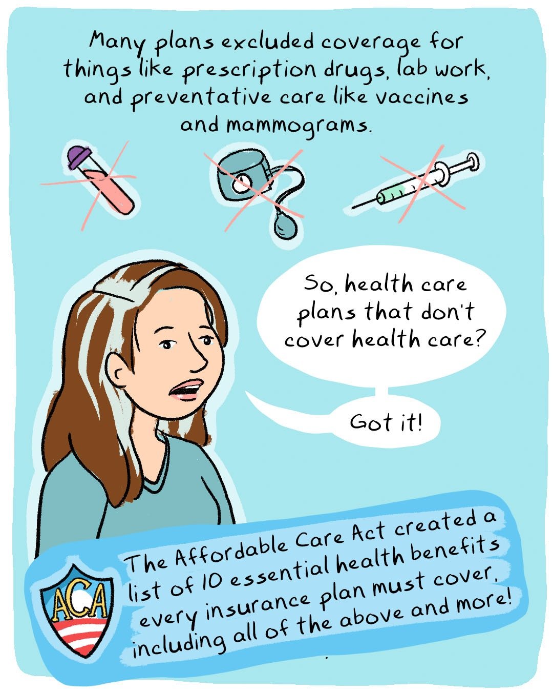 Many plans excluded coverage for things like prescription drugs, lab work, and preventative care like vaccines and mammograms.