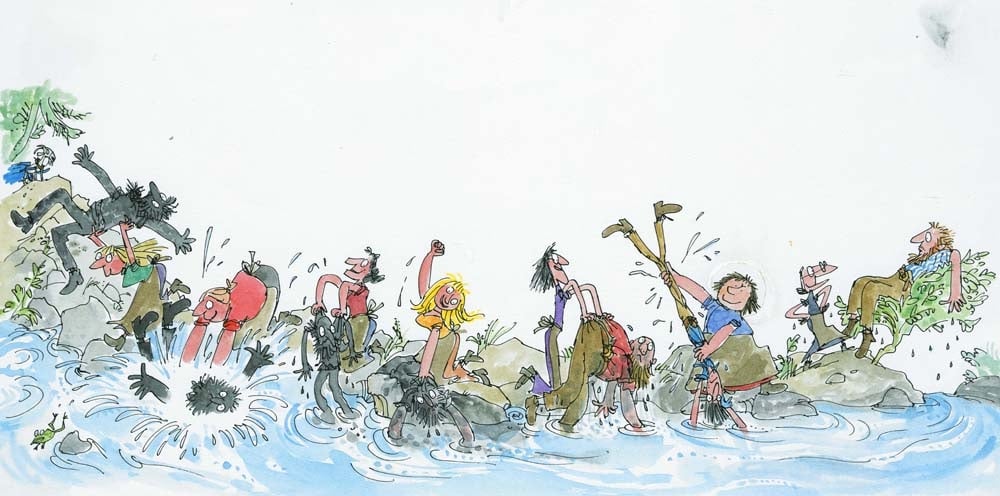 an illustration of washerwomen washing a group of woodcutters