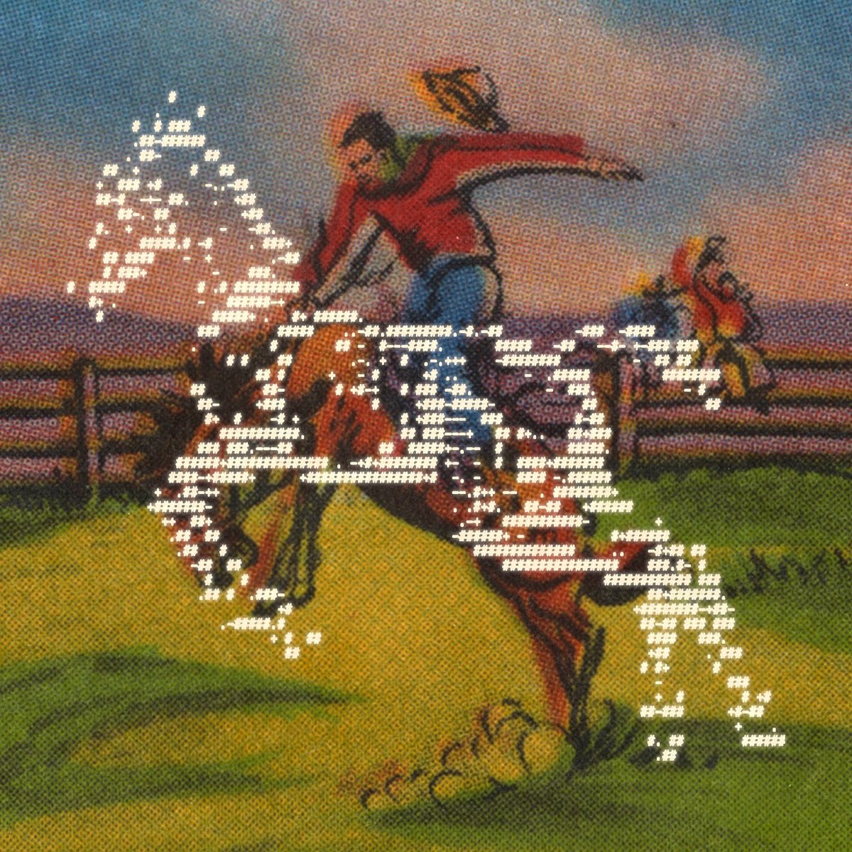 ASCII art of a horse overlaid on a man riding a bucking bronco