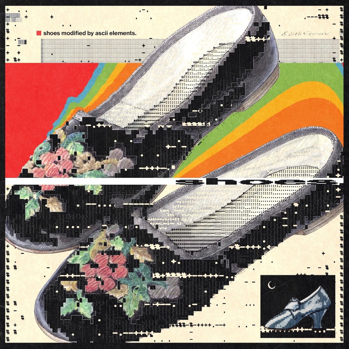 ASCII art overlaid on a pair of black shoes