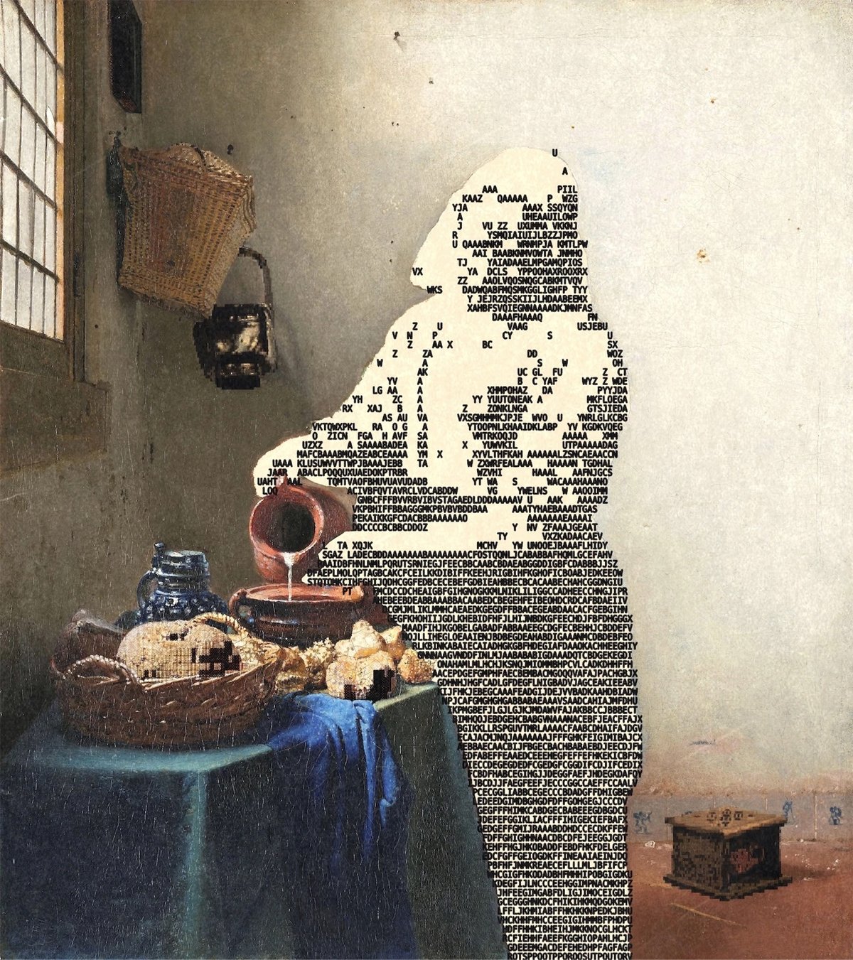 ASCII art overlaid on Vermeer's painting of a milkmaid