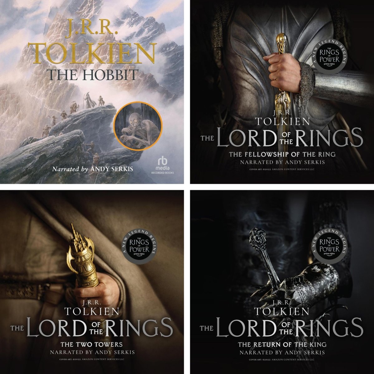 the book covers for The Hobbit, The Fellowship of the Ring, The Two Towers, and The Return of the King