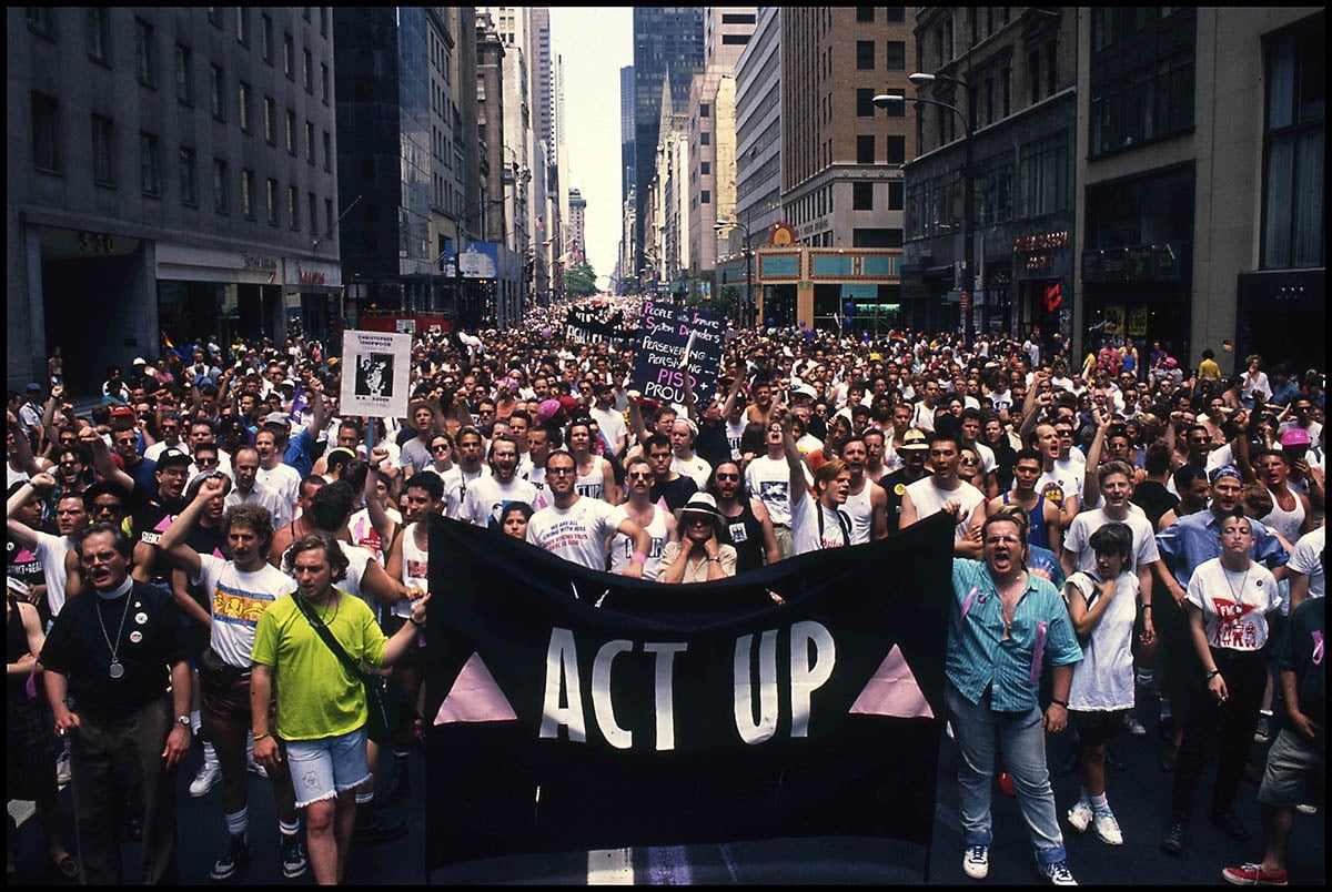 a gay pride parade in the 80s protesting AIDS