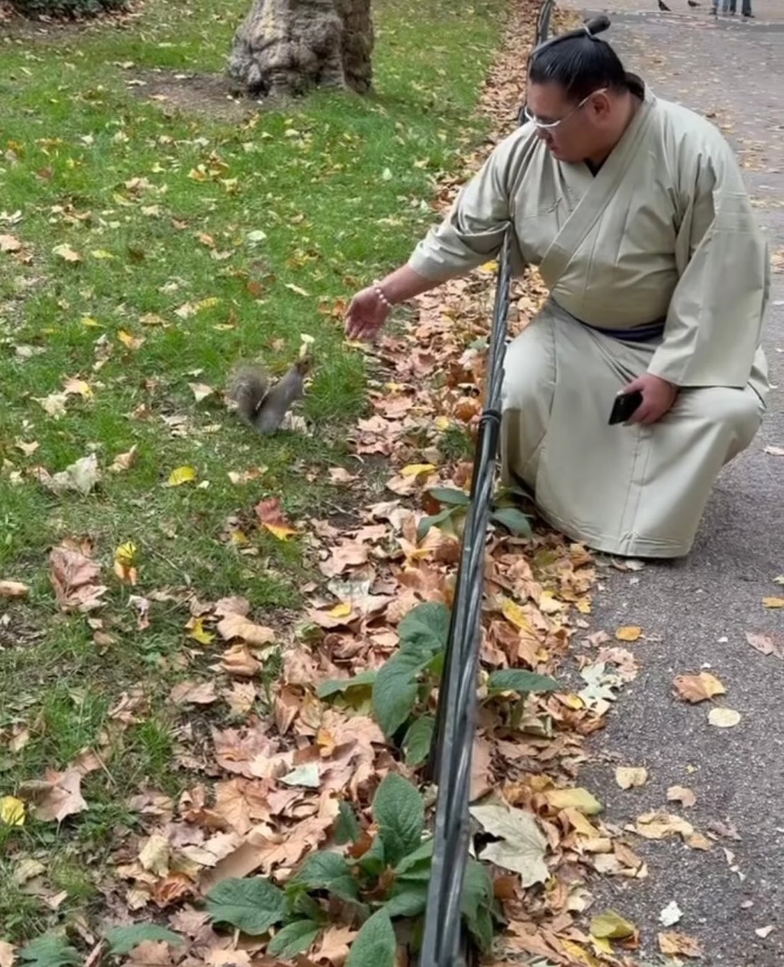 a sumo wrestler trying to entice a squirrel