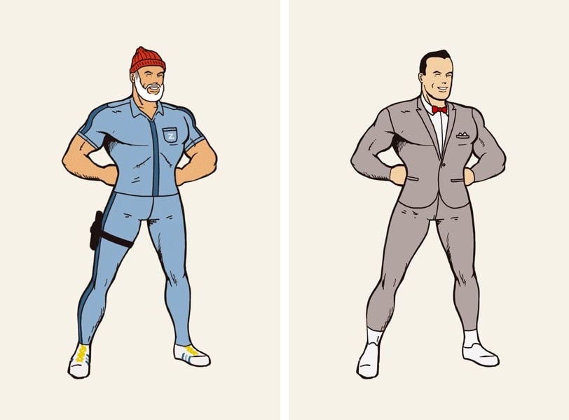 Steve Zissou and Pee-wee Herman posed like Superman