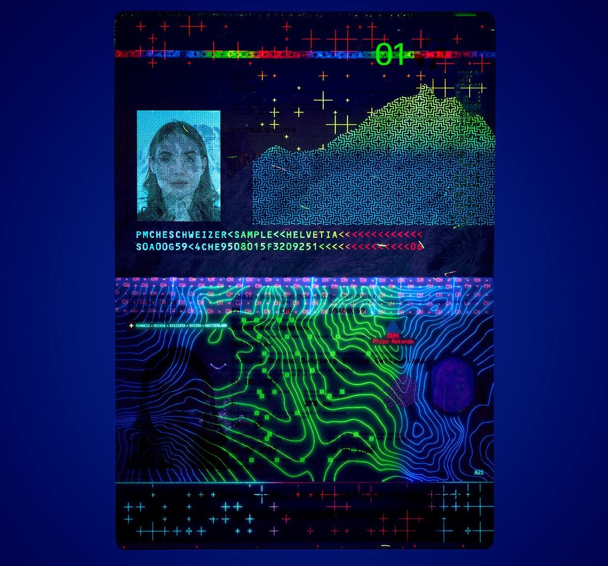 the photo page of a Swiss passport under UV light