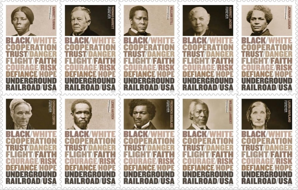 a sheet of USPS stamps honoring people who ran the Underground Railroad