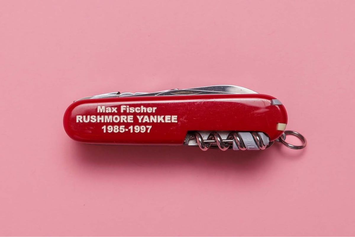 Swiss Army knife with 'Max Fischer, Rushmore Yankee, 1985-1997' printed on it