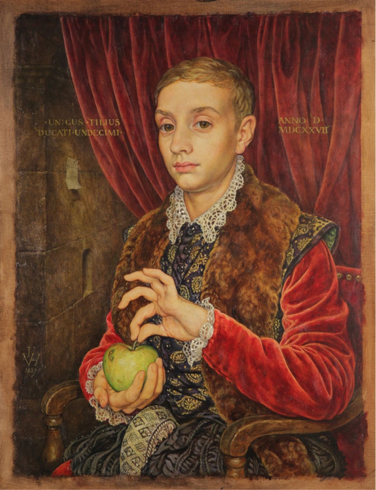 painting of a boy holding an apple