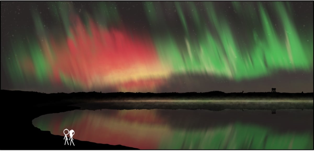 a panel of an XKCD comic shwing two comic characters looking at an aurora