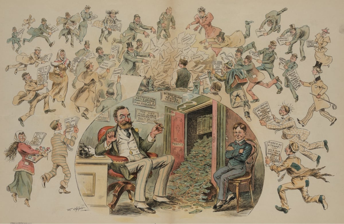 a political cartoon from the 1890s depicting a high-minded newspaper owner surrounded by images of the low-brow information he is briskly selling
