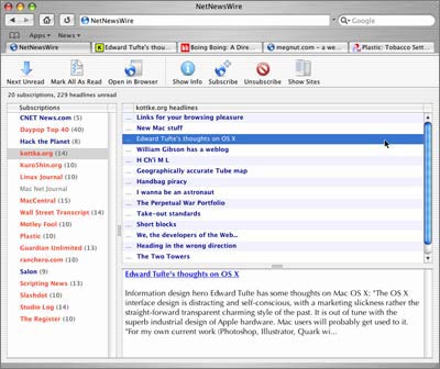 NetNewsWire in Safari, using tabbed browsing for the links