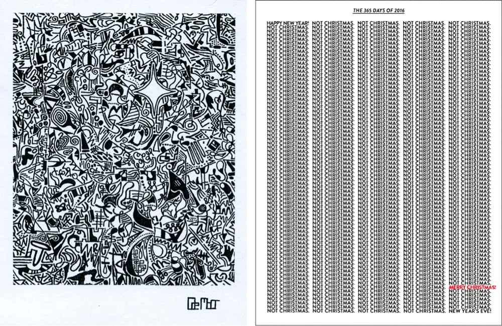 Two Christmas cards. The one on the left is a dense doodle-like drawing with a four-pointed star near the center. The right one is titled 'The 365 of 2016' and it repeats 'NOT CHRISTMAS' until it gets to 'MERRY CHRISTMAS'