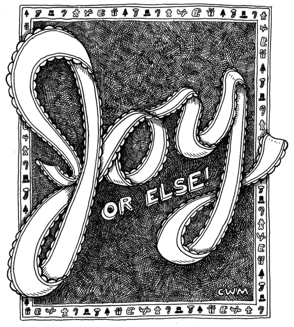 a Christmas card that says 'Joy or Else' on it