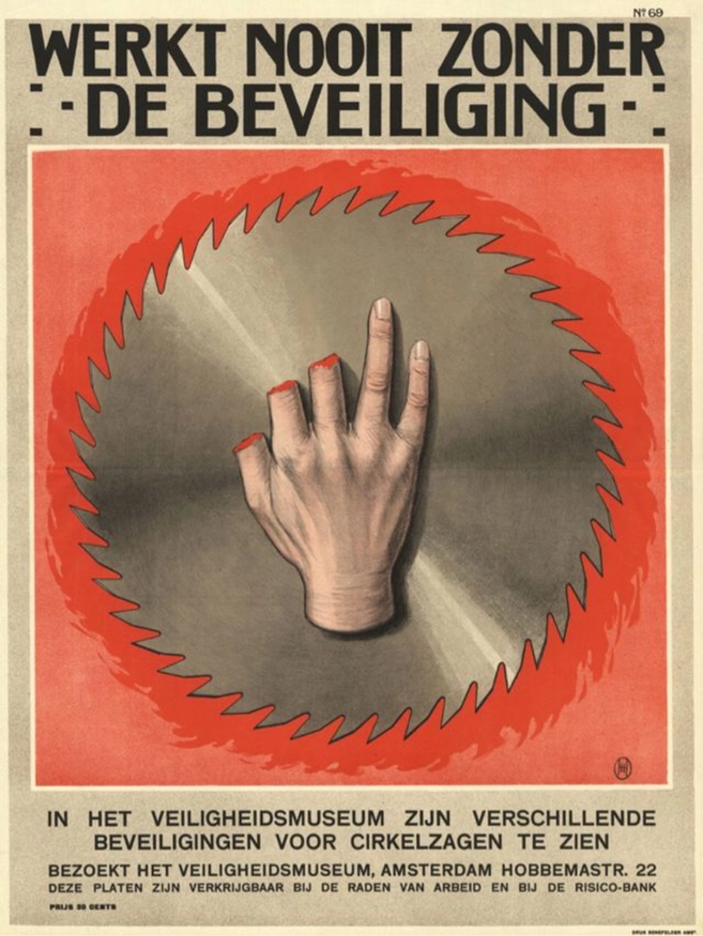 vintage Dutch safety poster showing a saw blade and a hand missing some fingers