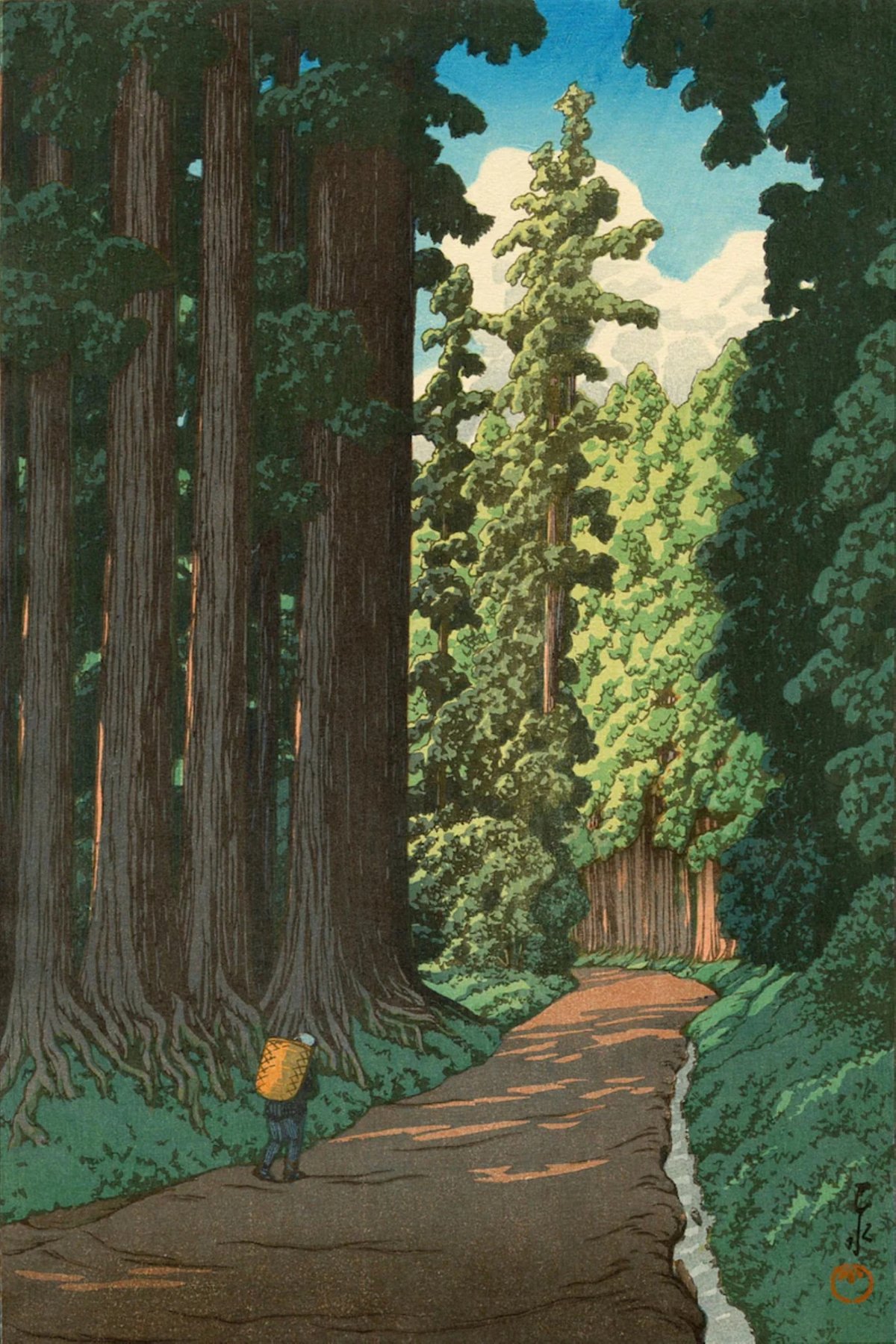 woodblock print of a man walking in a forest of tall trees
