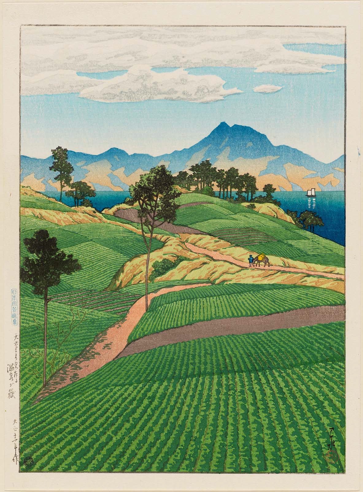 woodblock print of green fields with mountains in the background