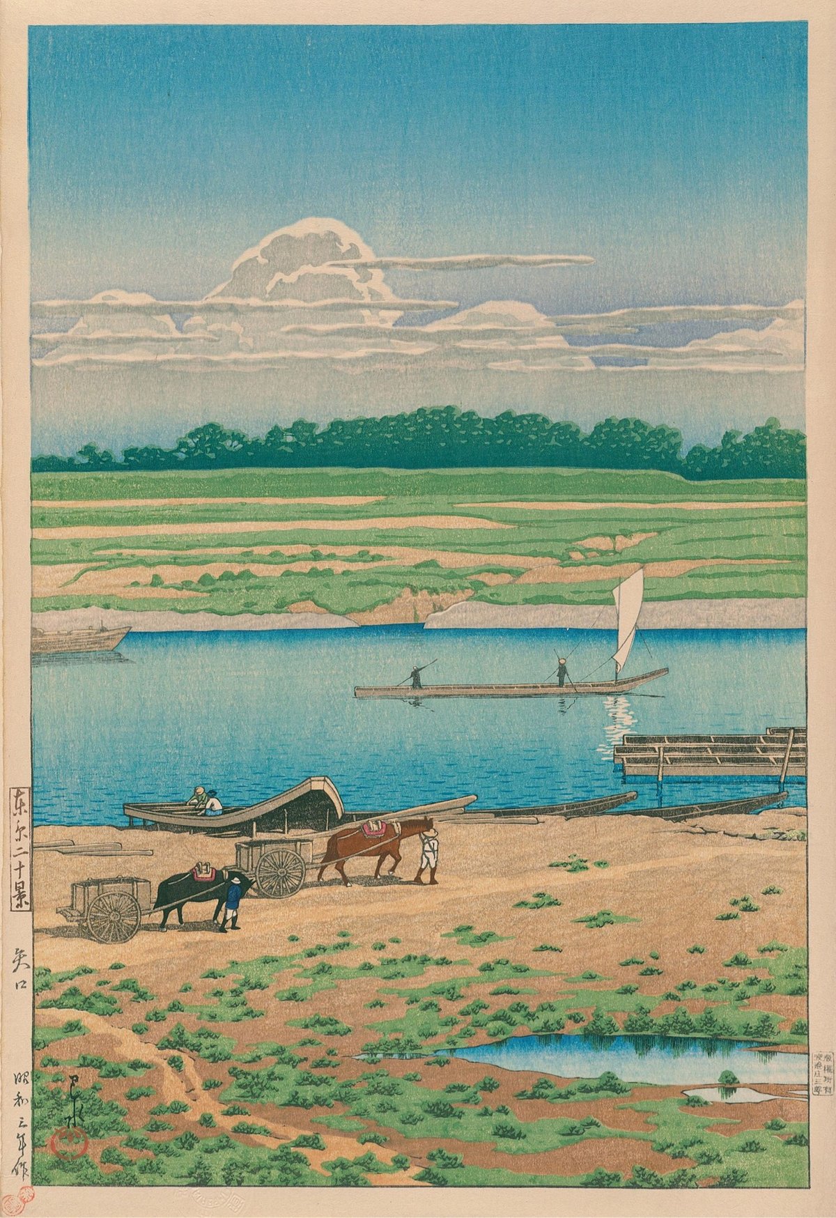 woodblock print of a sailboat on a lake