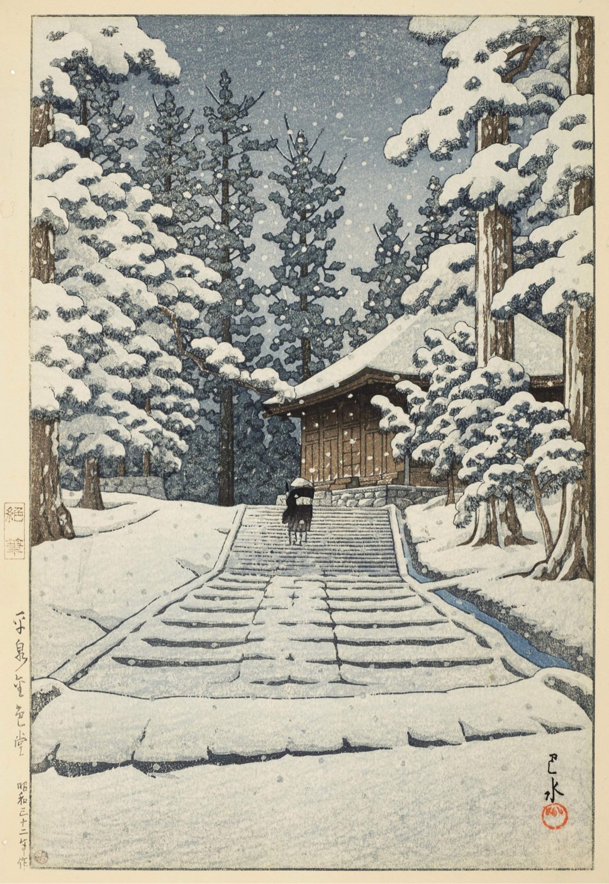 woodblock print of a winter scene