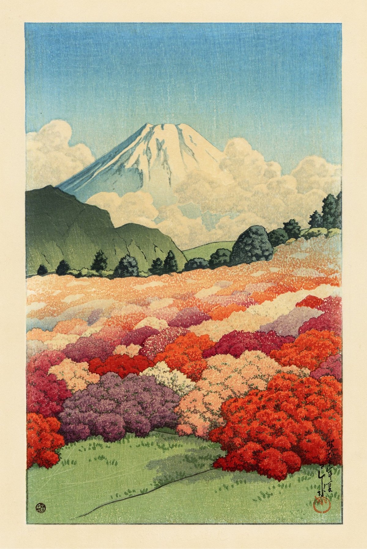 woodblock print of a snow covered mountain with a field of flowers in the foreground