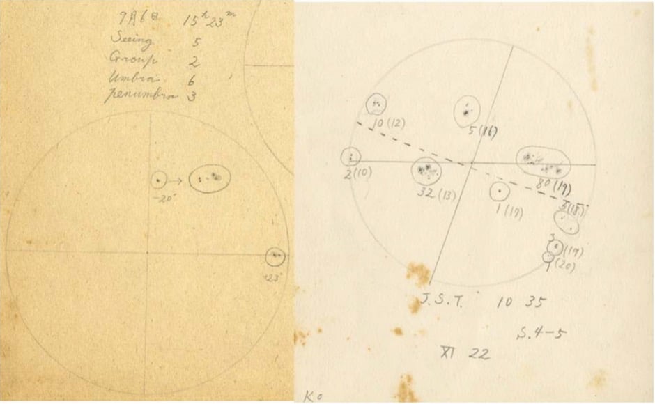 drawings of sunspots on the Sun by Hisako Koyama