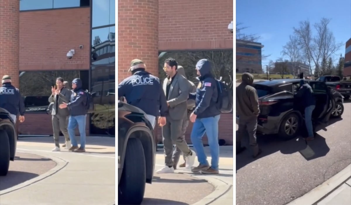 a series of images showing Mohsen Mahdawi being walked to a group of cars in handcuffs and being put into one of the cars