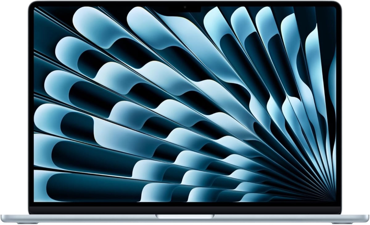 photo of a Macbook Air M4 with a vibrant blue pattern on the screen