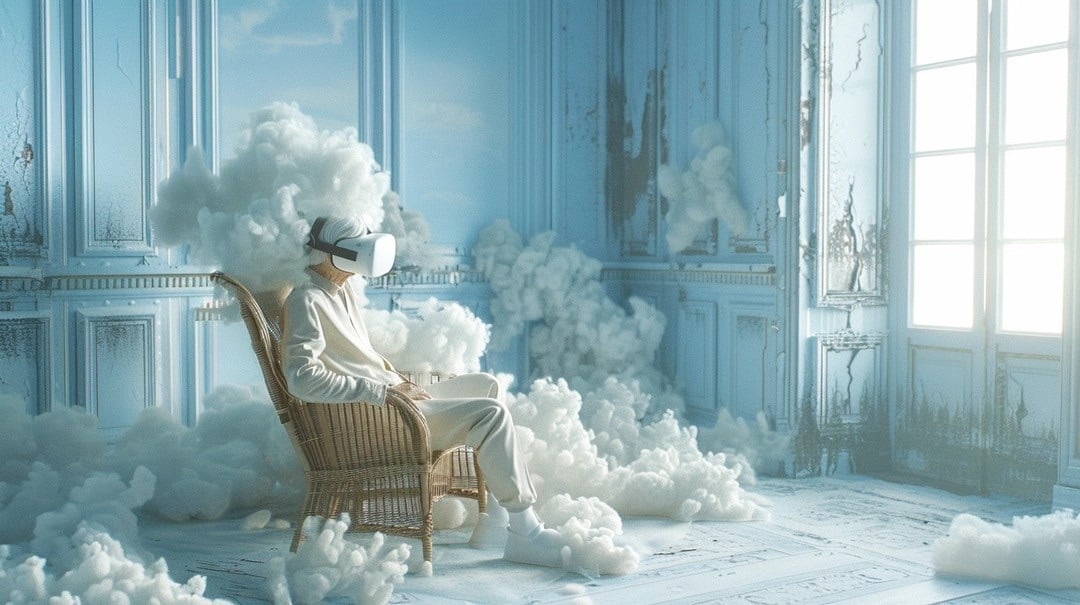 AI-generated image of an old man in a cloudy room wearing a VR headset