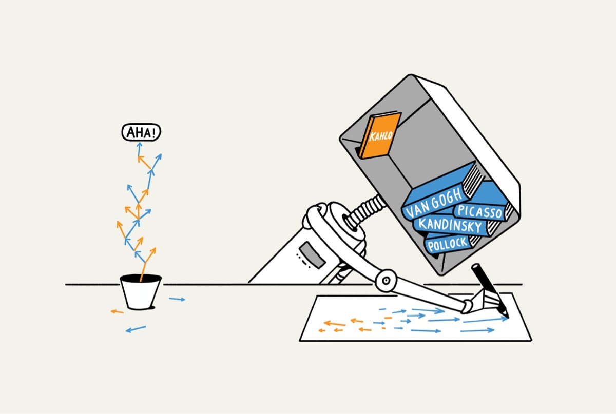 a drawing of the metaphorical difference between a human decison-making process and an LLM decision-making process