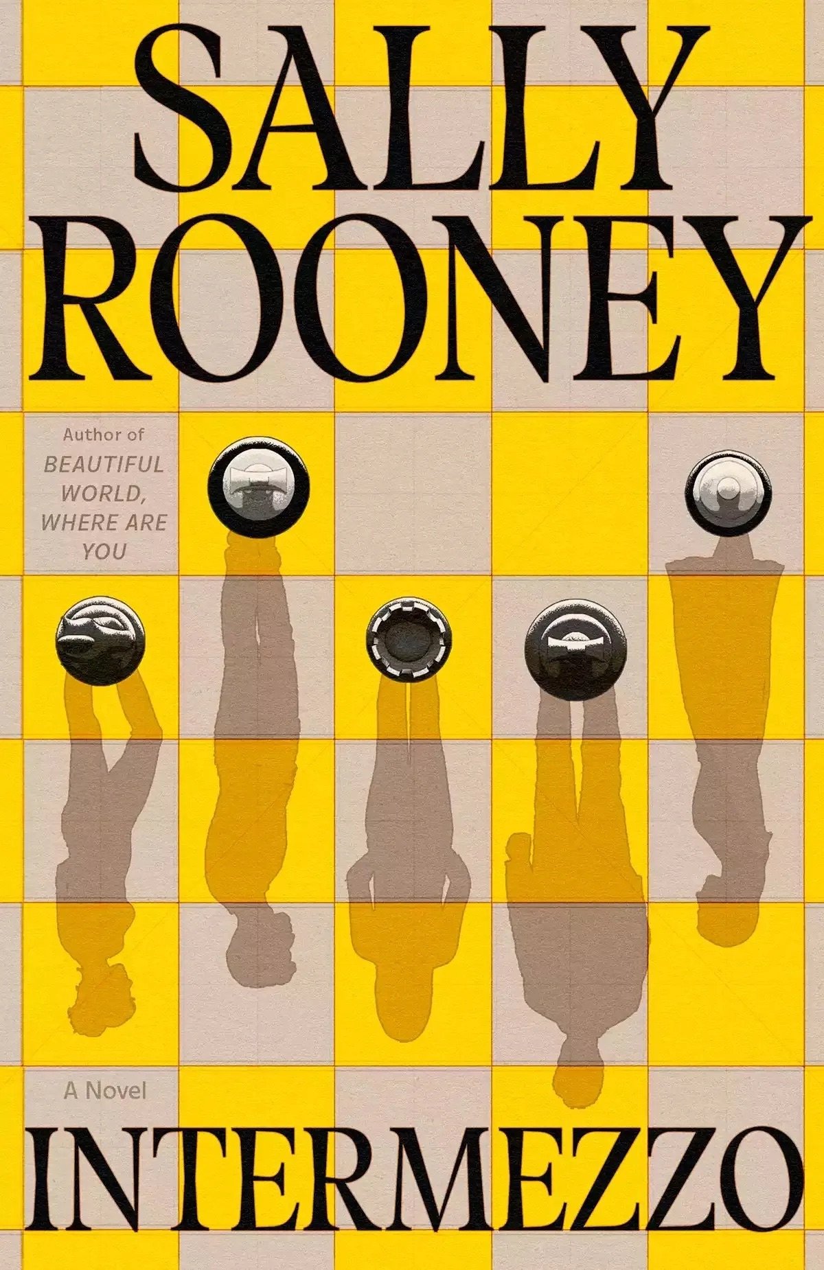 the cover of Sally Rooney's Intermezzo, featuring a yellow and brown chessboard and chess pieces whose shadows are people