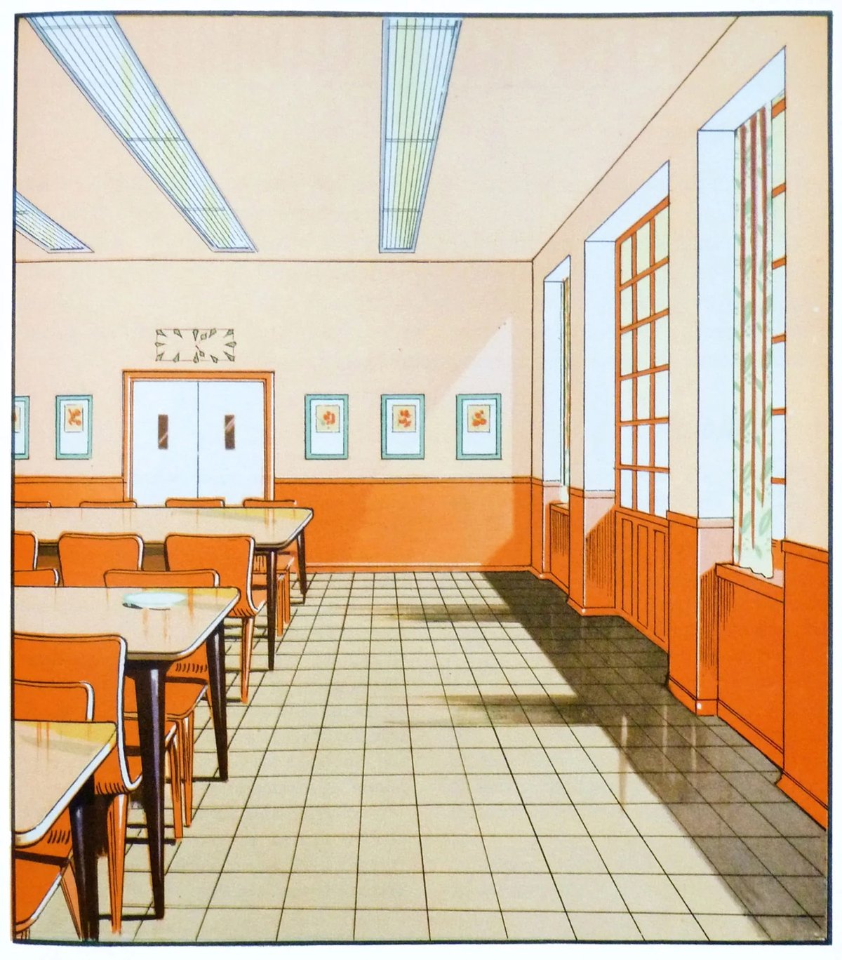 A warmly lit dining hall featuring wooden tables and chairs on a checkered floor, flanked by an orange wainscot and decorated with framed artwork.