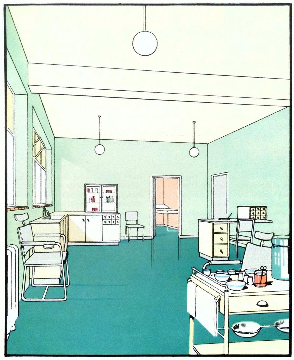 A serene office space with mint green walls, furnished with a desk, chair, and medical equipment, illuminated by pendant lights and daylight from a large window.