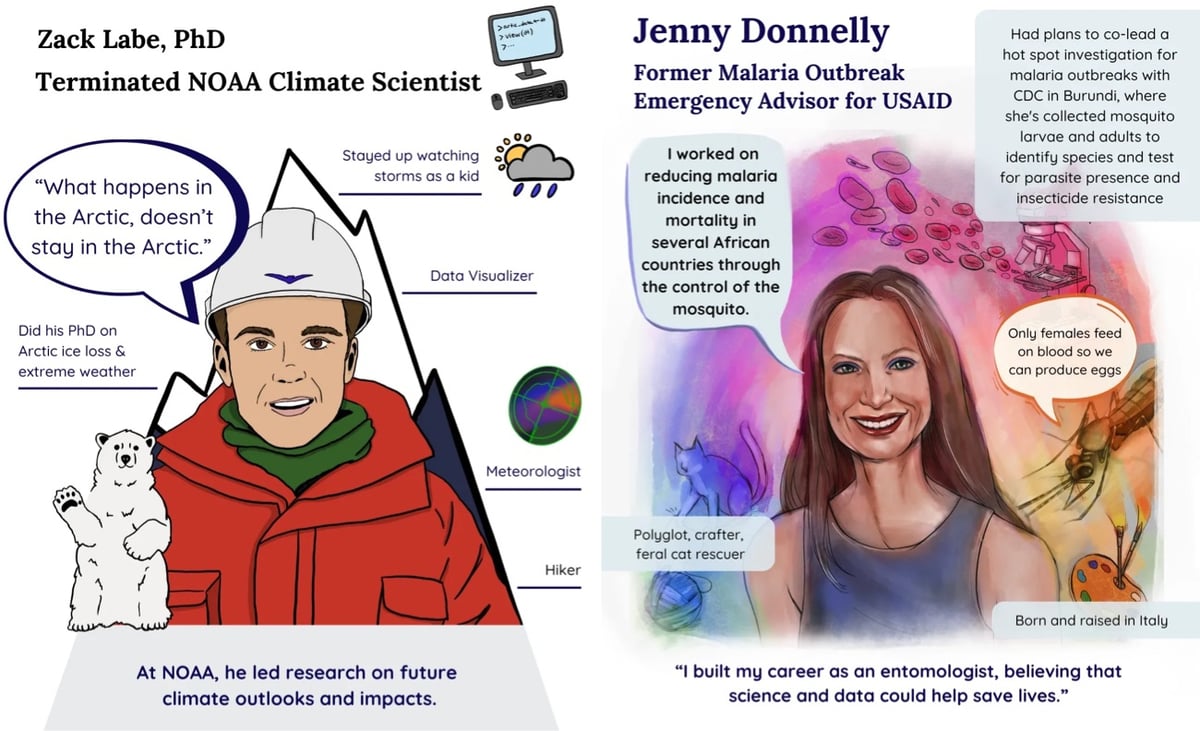 two illustrated portraits of scientists