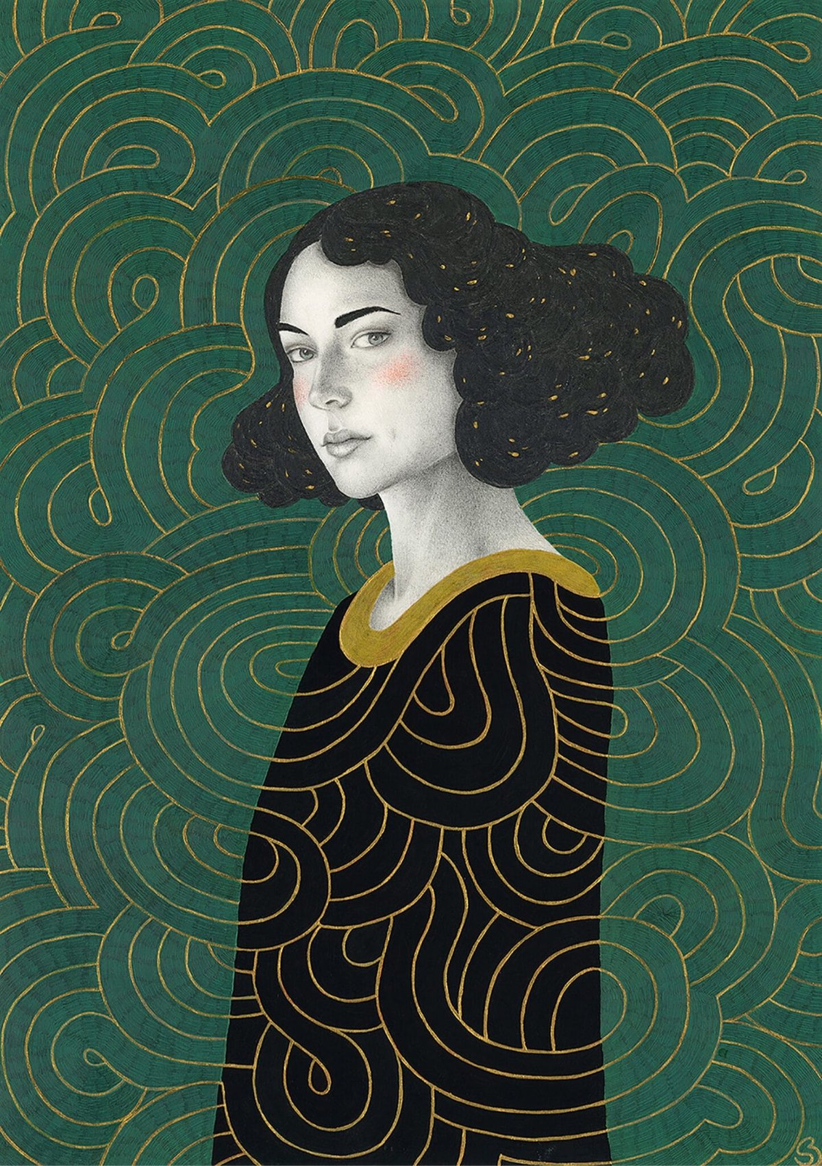 illustration of a woman whose swirly dress pattern is matched by the background