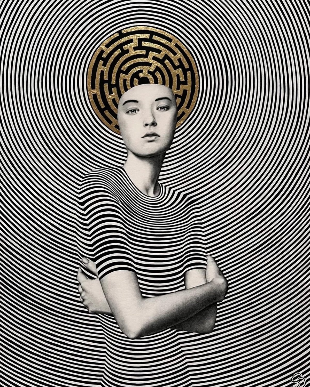 illustration of a woman wearing a black & white striped dress that blends into the background