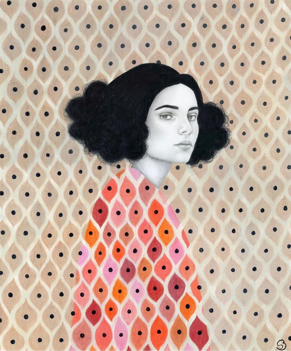 illustration of a woman in a colorful patterned dress that blends into the background