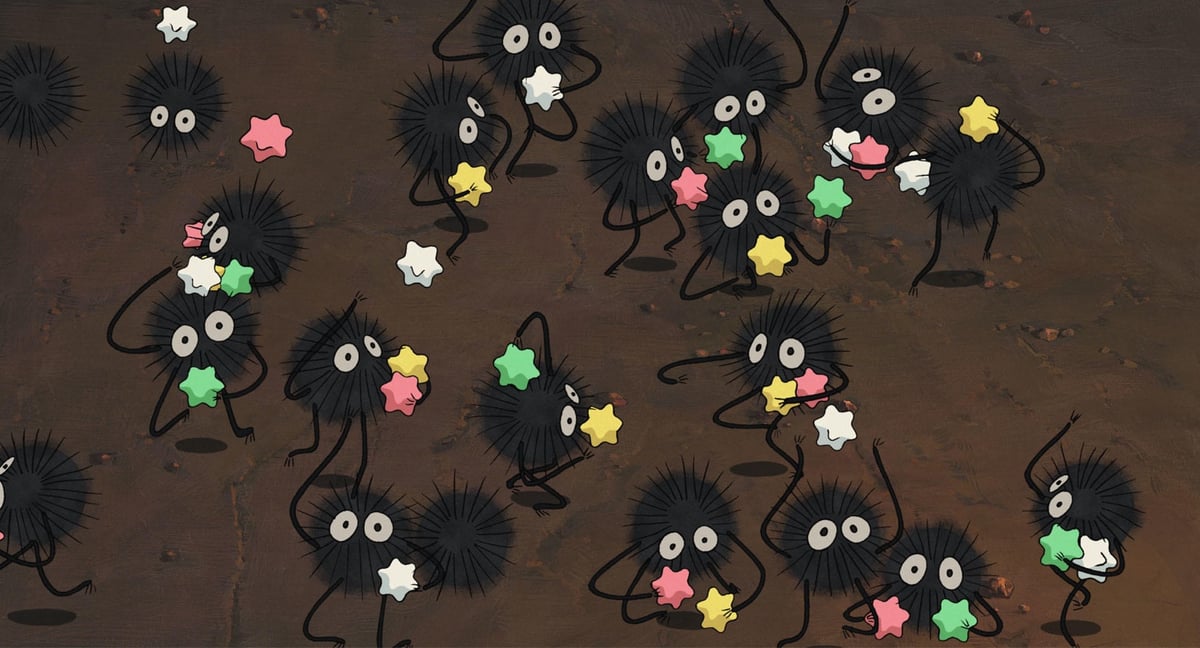 a still from a Studio Ghibli movie featuring Miyazaki's weird little guys