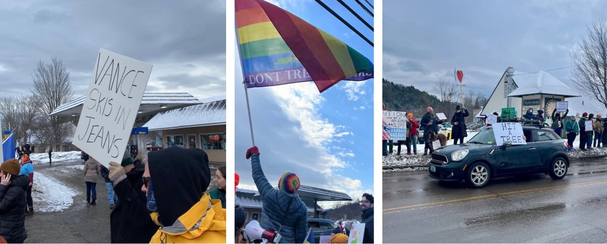 people out in the snowy cold, protesting JD Vance's visit to Vermont