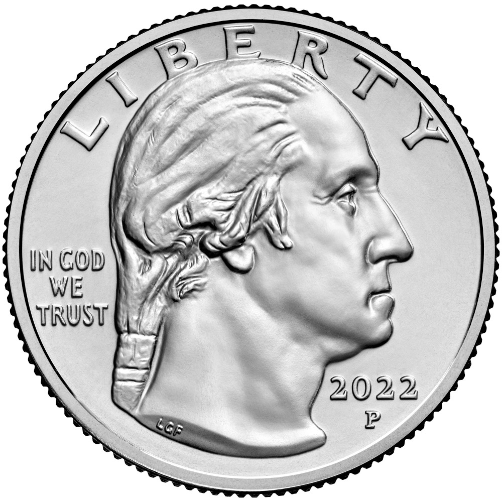 the obverse side (with George Washington) of a US quarter featuring Maya Angelou on the reverse side