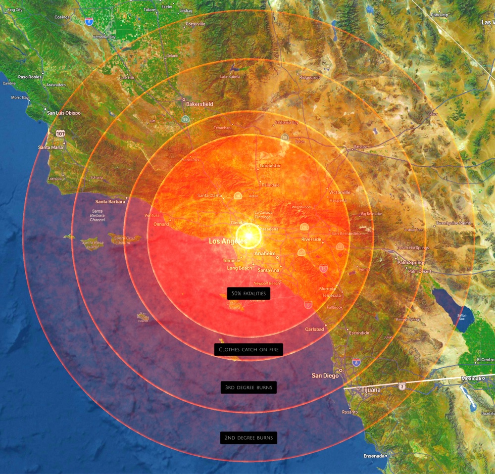 Map showing a (fake) fireball caused by a (fake) asteroid impact in Los Angeles