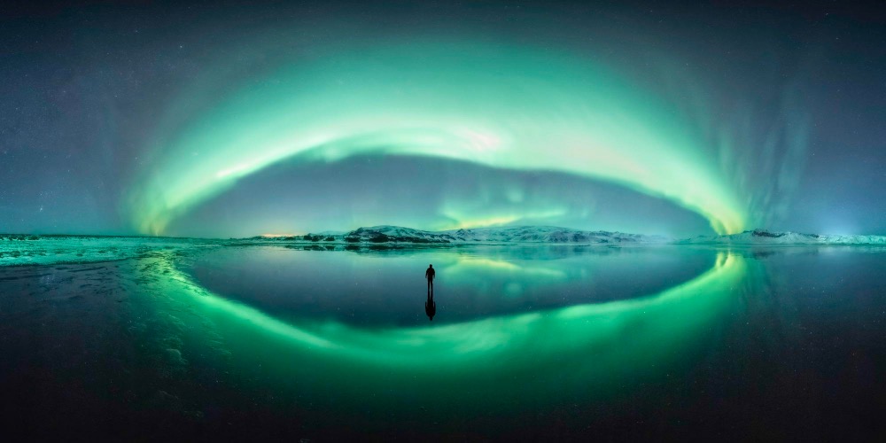 panorama of the aurora borealis in the winter