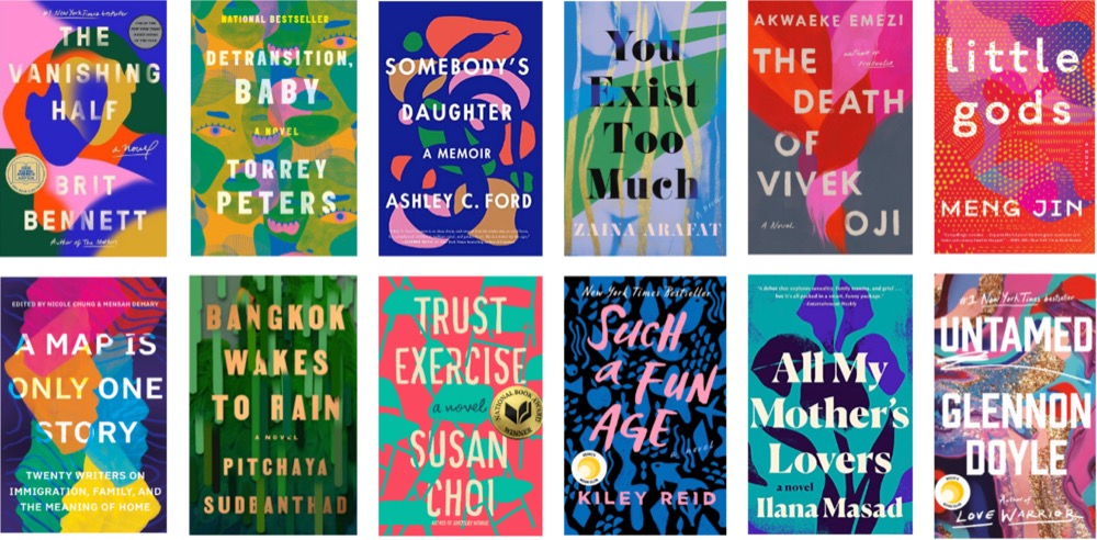 a number of book covers with amorphous color blobs that look similar