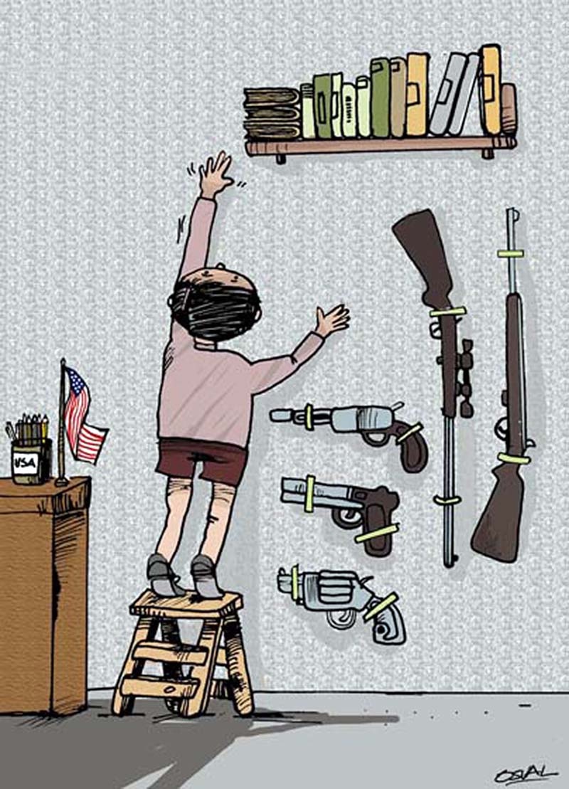 political cartoon in which a child reaches past several easily accessible firearms to a too-high bookshelf